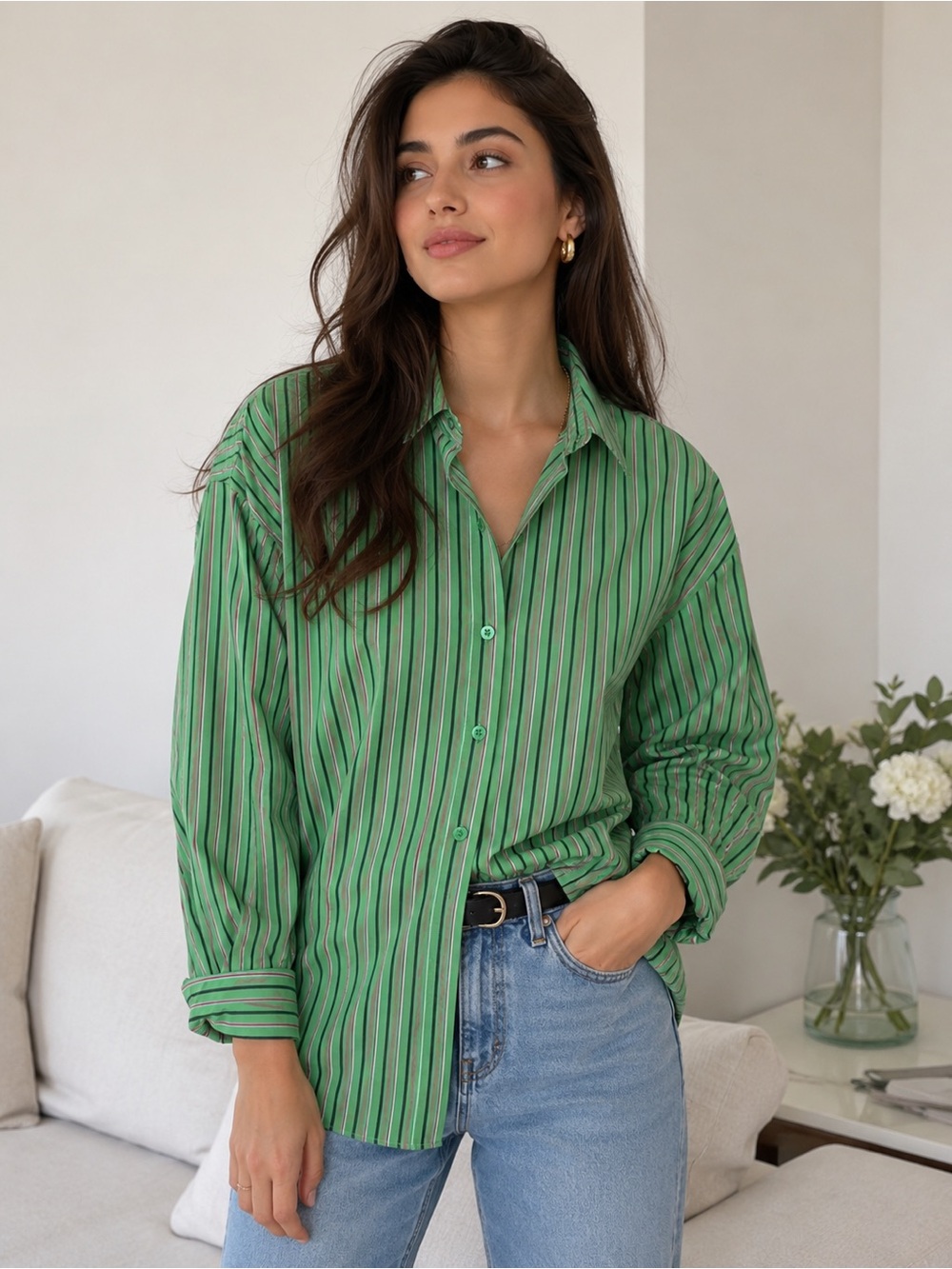 Green Striped Button-Up Shirt